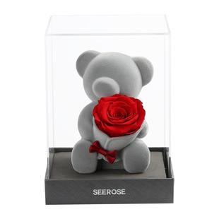 SEEROSE进口永生花保鲜玫瑰坐熊花束送女朋友情人节示爱生日礼物