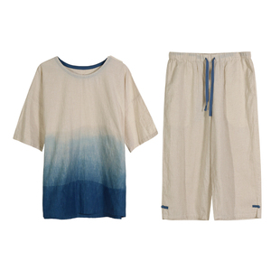 朵朵可可睡衣男2025春夏新款棉麻渐变天然印染短袖七分裤家居服