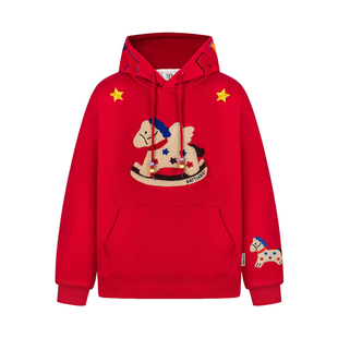 126KID 美式木马刺绣加绒连帽卫衣男女春季新款情侣潮牌宽松外套