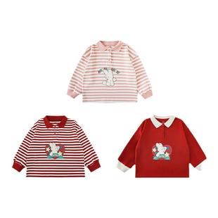 幼悠 女童卡通印花翻领polo衫2026春秋儿童萌趣可爱撞色布偶兔T恤