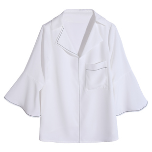 雪纺上衣女七分袖白衬衫短袖设计感小众夏洋气时尚荷叶喇叭袖衬衣