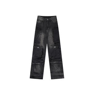 大码街头vibe美式复古多口袋牛仔裤男女设计感y2k低腰坠感拖地裤