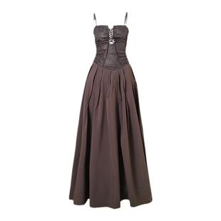 坏品味西部 偏光仿皮拼接设计镂空吊带长款连衣裙夏