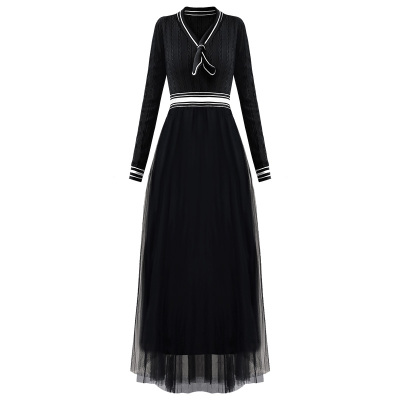 蝴蝶结打底黑色新款网纱连衣裙