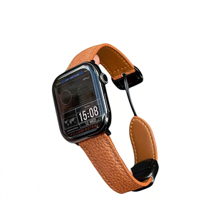 LINEVEK适用于苹果applewatch11手表表带ultra3高级真皮质磁吸iwatchS10荔枝纹秋冬男新款替换腕带9876542