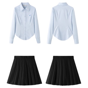 东京岁时记jk秋季新款学院风蓝色长袖衬衫小个子设计感纯色上衣女
