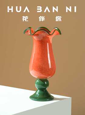 中古高脚侘寂风绿色芬顿玻璃花瓶家居玻璃拼色风灯花瓶插花器装饰