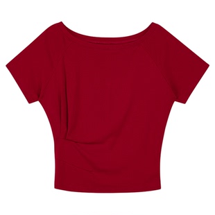 MULVAN 心动至上~ 气质短袖一字肩T恤女宽松设计感露肩斜肩上衣