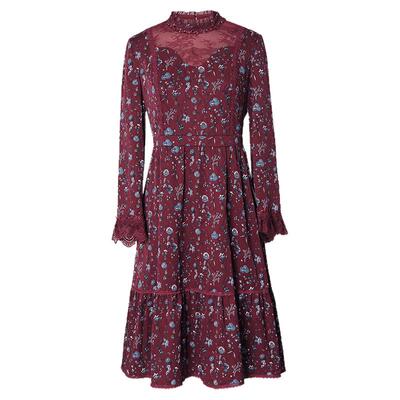 JAN AN NO简爱诺春秋复古酒红碎花蕾丝花边长袖连衣裙J860072LQ