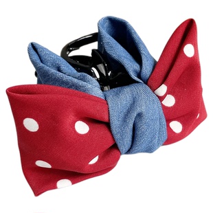 原创发饰复古红色波点蝴蝶结发抓夹中号盘发夹牛仔甜美马尾夹头饰