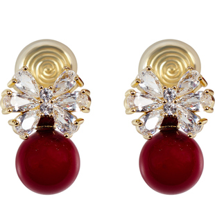 无耳洞高级感闪锆蝴蝶结圆珠一体式蚊香盘耳夹复古酒红色女耳饰