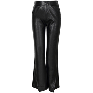 2025秋冬新款海宁真皮皮裤女绵羊皮微喇裤显瘦高腰开叉九分鱼尾裤