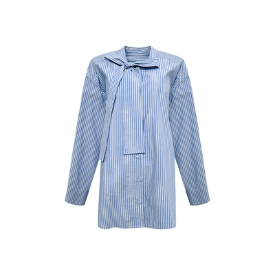 NAZ那子大码秋季全棉蝴蝶结飘带衬衫胖mm气质条纹宽松时尚上衣女