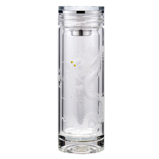 银币雕刻玻璃杯男双层带盖高档茶杯创意加厚个性透明隔热水杯刻字