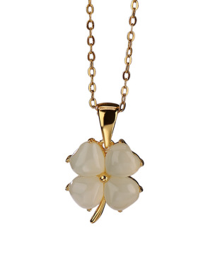 925纯银镀18k金和田玉四叶草项链