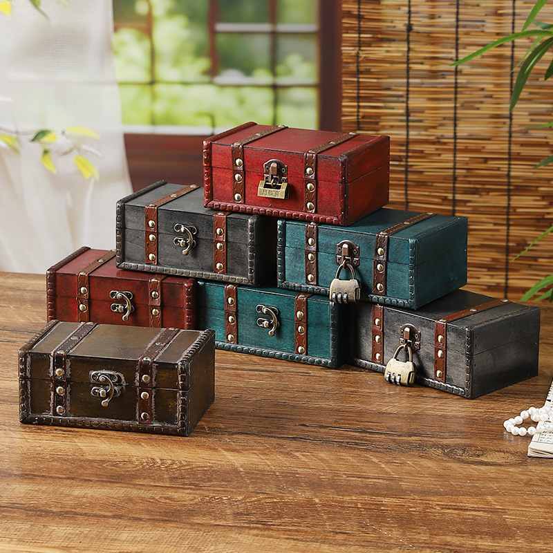 复古老式木质礼品包装盒证件小储整理物带儿童锁百宝箱收纳盒防尘