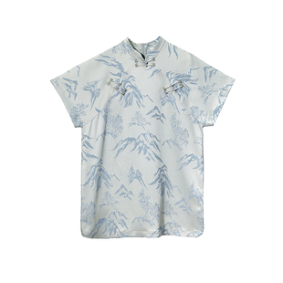 有耳uare原创设计 空山新雨 新中式山峦提花盘扣立领短款连衣裙