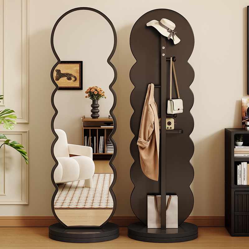 实木全身镜可旋转穿衣镜衣帽架一体落地镜家用波浪试衣镜异形镜子