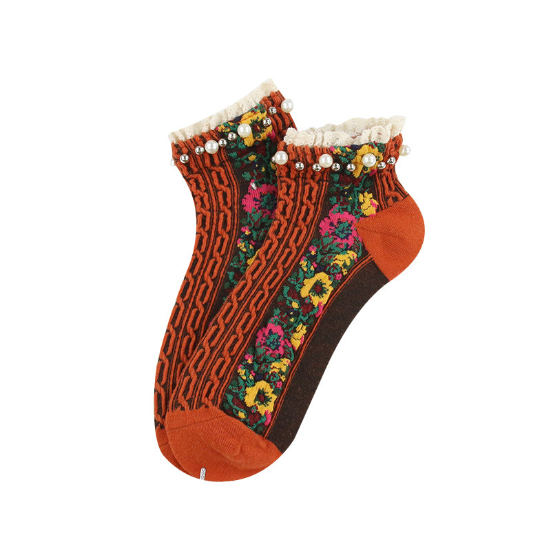 蕾丝花边珍珠袜子女复古小碎花短袜夏季日系全棉网红袜搭配马丁靴
