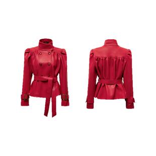 4muggle原创大女主时髦伞形褶皱立领红皮衣气质辣妹上衣短外套女