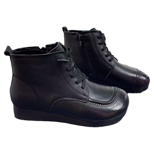 2025秋冬季新款女鞋平底厚度真皮棉鞋牛皮短靴牛筋防滑鞋底侧拉链