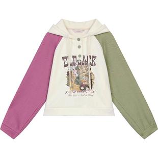 妖精的口袋撞色拼接印花连帽加绒卫衣女2025年冬季新款小个子上衣