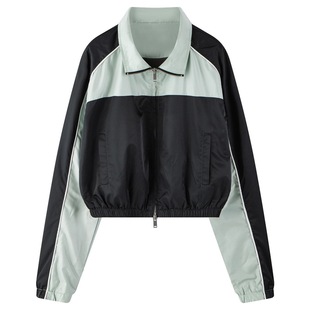 十一石 秀场态度！拼色立领短款冲锋衣外套女宽松薄款小个子上衣