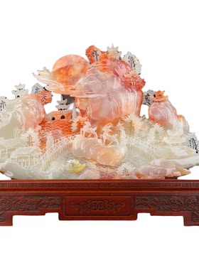 玉石山水雕刻摆件玄关招财装饰品
