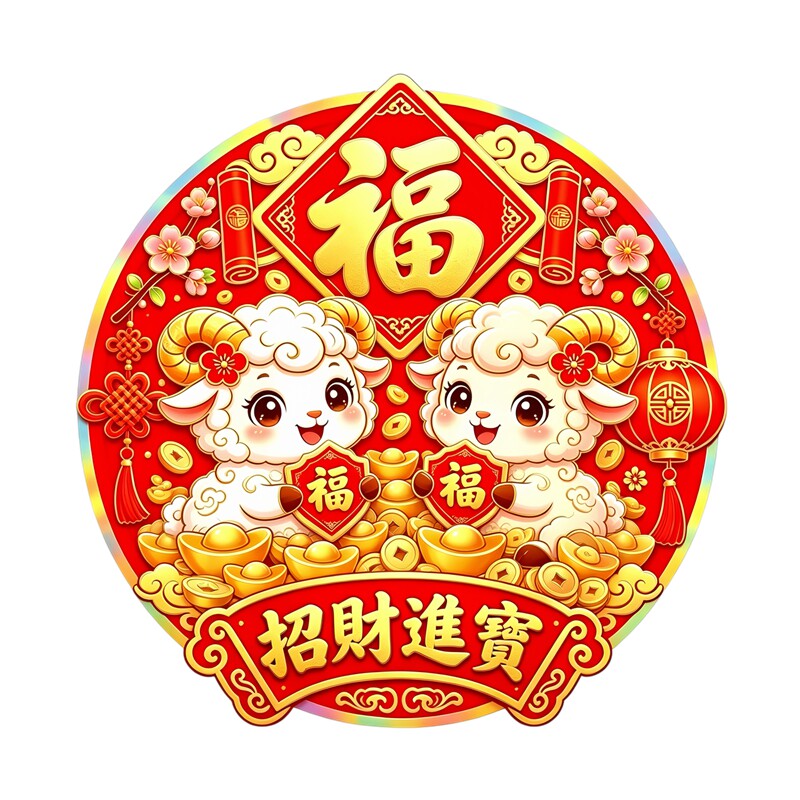 双羊送福墙贴招财进宝梅花灯笼铜钱新年福字喜庆防水自粘装饰贴纸