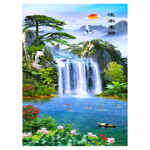 送杆中式山水画流水生财风水门帘棉麻隔断布艺挂帘卫生间免打孔帘