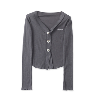 针织棉开衫 春秋新款女时尚减龄修身V领单排扣长袖薄款上衣33461