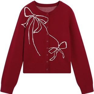 KBNE复古提花蝴蝶结红色毛衣开衫女2026春装新款设计感针织衫上衣