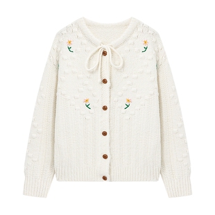 Basic House/百家好刺绣系带开衫毛衣女2026春季单排扣温柔风外套