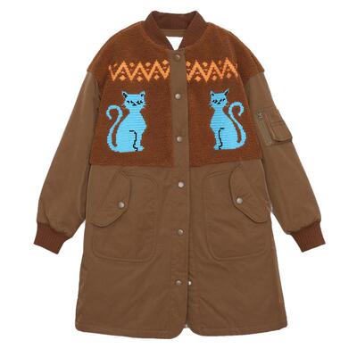 MOVEUP幻走2024冬季新款.FUN系列撞布拼接猫咪绣花长款棉外套女