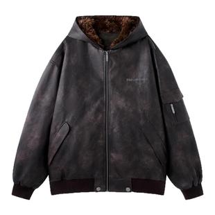 BJHG不计后果做旧PU皮飞行夹克棉服男款秋冬季复古连帽皮夹克外套