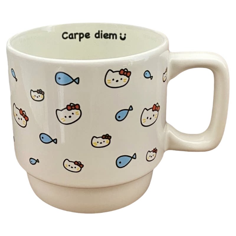 猫咪吃鱼手提马克杯原创款卡通可爱陶瓷杯咖啡杯送人礼物水杯杯子
