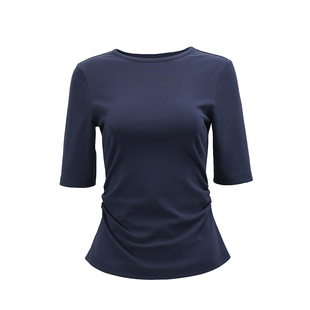 NON RESTRAIN极简圆领抽褶收腰打底针织衫女修身显瘦中袖T恤上衣