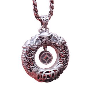 双龙护主9999纯银项链长款毛衣链女男士款挂坠复古平安扣新款钱币