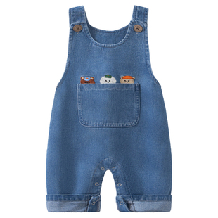 宝宝洋气牛仔背带裤春秋婴儿卡通按扣牛仔裤男童裤子女宝春天衣服