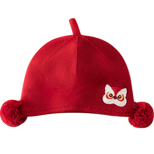 汤尼倍儿婴儿针织帽子秋冬纯棉新年红色喜庆毛线帽宝宝加绒护耳帽