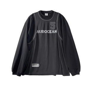 Aurocean 假两件球衣T恤 复古运动做旧贴布绣黑色长袖t