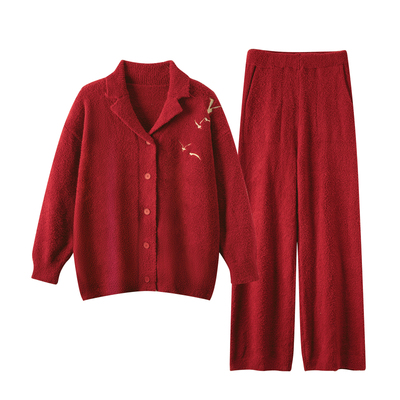 猫人半边绒红色睡衣男秋冬季