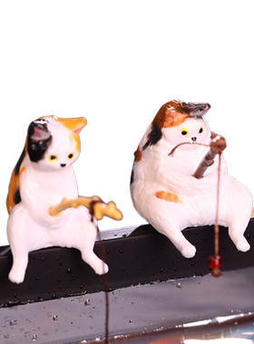 鱼缸钓鱼猫悬挂创意造景摆件办公桌面小猫钓鱼迷你微景观装饰品
