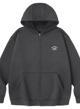 PSO Brand 女装满幅波点灰色连帽加绒卫衣女款宽松拉链厚外套冬季