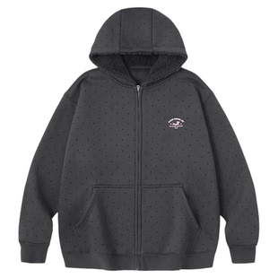 PSO Brand 女装满幅波点灰色连帽加绒卫衣女款宽松拉链厚外套冬季