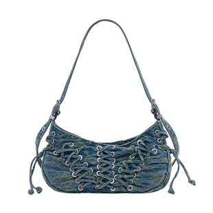 Desigual洗水牛仔编织抽绳装饰单肩手提腋下包