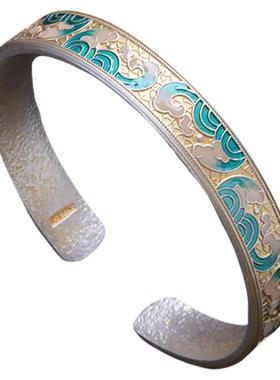 足银999描金民族风珐琅海浪开口手镯女轻奢高级感国风新中式实心
