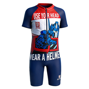 洲克儿童泳衣连体平角短袖防晒zoke男童变形金刚速干游泳温泉套装