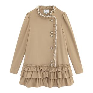 Marc Moore 2025秋季新款木耳边蕾丝拼接衬衫蛋糕裙女复古连衣裙