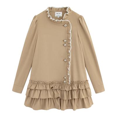 Marc Moore 2025秋季新款木耳边蕾丝拼接衬衫蛋糕裙女复古连衣裙